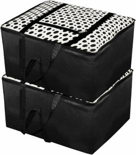 wini krafts 02 Polka Dot Underbed Storage Bag Moisture Proof Cloth Organiser Underbed Storage Bag with Zippered Closure and Handle Black Pack Of 2