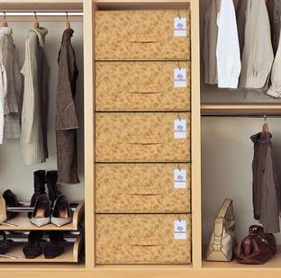 Heart Home Designer Metalic Floral Print Non Woven Fabric 5-Replacement Drawer Storage And Cloth Organizer Unit for Closet (Beige)-HHOME3486 Metalic Floral Print Non Woven Fabric 5-Replacement Drawer Storage And Cloth Organizer Unit for Closet (Beige)-HHOME3486