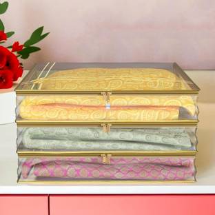 HOMESTIC by Kuber Industries Saree Cover Bow Transparent Zip Saree Cover|Clothes Storage Bag|3 Inch|Pack of 3|Golden Cloth Storage