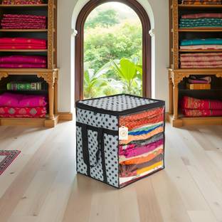 AARON INC Polka Dot Non-Woven Saree Cover Organizer – 90 GSM Fabric, Transparent Front Window, Double Zipper & Sturdy Handles | Foldable Cloth Storage Box for Wardrobe (50L, Pack of 1) SFXL7773159842945