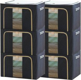 Vervita PACK OF 6 Clothes Storage Bag Organizer with Steel Frame Oxford Fabric for Comforters Blankets, Bedding, Stackable Foldable Storage Bags with Handle and Zipper