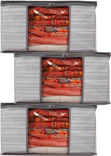 Gokru Cloth Cover Non Woven Grey Saree Cover/Cloth Cover/Storage Bag/Grment Cover (Pack 3) Organiser Cover/Transparent Window And Zip