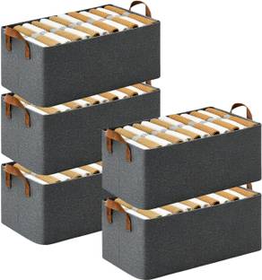 NESTIFY 26L Foldable PACK OF 5 Cloth Storage Box Basket with Metal Frame and Handles Clothes Organizer for Wardrobe Storage Box Wardrobe Organizer for Clothes, Toys Storage Cubes Organizer with Handles Collapsible Organizer Box(Grey)