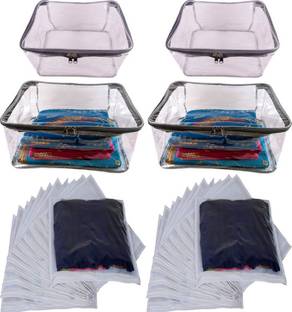 ultimatefashionista garment cover combo pack of 4 tranparent saree cover 10-15 capacity salwar,garment and single saree cover set pouches bag 4greytrans24pcsinglesareecoverwhite