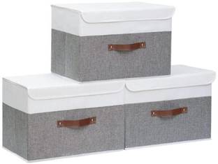 QUAIL Non-Woven Foldable Large Size Jute Printed Storage Box with Lid & Handles Collapsible Storage Bin for Organizing Toys, Clothes, and Books Pack of 3