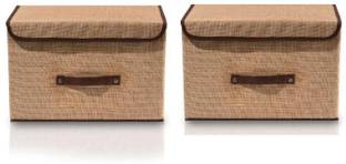 Oriscape Set of 2 Jute Foldable Space Saver Storage Box Wardrobe Closet Organizer Stackable Basket/Bins with Lid & Faux Leather Handle for Clothes, Toys, Books