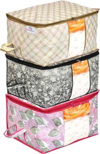 Heart Home Designer Metalic Print Foldable Clothes Storage Bag Wardrobe Organizer Non Woven Fabric for Comforters,Blankets,Bedding with Sturdy Zipper,Clear Window (Set of 3,Ivory & Black & Pink)-34_S_HHOME16636 34_S_HHOME016636