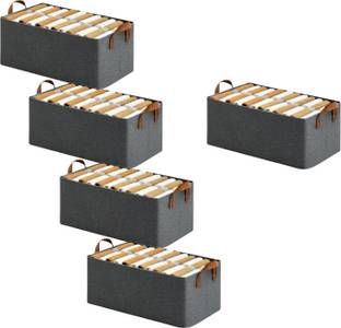 Vervita PACK OF 5 Wardrobe Organizer for Clothes with Metal Frame Rectangle Storage Baskets Fabric Storage Box with Handles Shelf Basket for Storage Clothes Pants Jeans