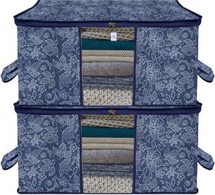 Heart Home Underbed Storage Bag Flower Print Underbed Storage Bag with View Window & Handle|Pack of 2|Navy Blue Cloth Storage