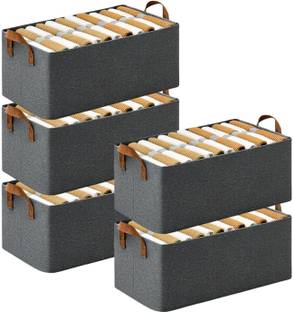 NESTIFY Clothes Organizer for Wardrobe 26LTR with Metal Frame Rectangle Storage Baskets for Clothing Fabric Storage Box with Handles Shelf Basket for Storage Clothes Pants Jeans Sweater ORGANIZER BOX Pack of 5