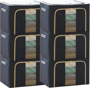 SPRSE Pack of 6 Fabric Clothes Storage Box for Wardrobe Cloth, Saree, Towel, Blanket Foldable Organizer Bag with Steel Frame, Top and Front Zipper Open Bags