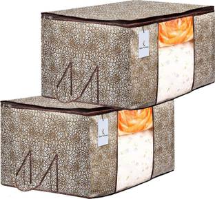 Billion Designer Metalic Printed 2 Piece Non Woven Underbed Storage Bag,Storage Organiser,Blanket Cover with Transparent Window ,Extra Large, Golden & Brown BILLION034517