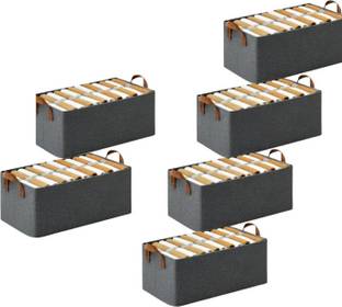 Vervita PACK OF 6 Wardrobe Organizer for Clothes with Metal Frame Rectangle Storage Baskets Fabric Storage Box with Handles Shelf Basket for Storage Clothes Pants Jeans