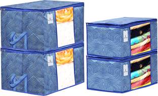 Billion Designer Laheriya Printed Non Woven 2 Pieces Saree Cover And 2 Pieces Underbed Storage Bag, Cloth Organizer For Storage, Blanket Cover Combo Set (Blue) -BILLION38680 BILLION038680