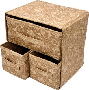 KUBER INDUSTRIES Designer Metalic Print 2 Layer 3-Drawer Foldable Drawer Units Fabric Cabinet Closet Storage Organizer for Underwear Ties Socks Small Clothes (Beige)-KUBMART2140 KUBMART02140