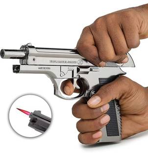 BIKRIFY ™ 608 Heavy Metal Pistol Shape Barrel Pull Back System & Leather Holster Gun lighter| Jet Flame | Stainless Steel Body Pocket Lighter