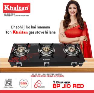 Khaitan 3 Burner BP Red Digital Toughend Glass Manual Gas Stove