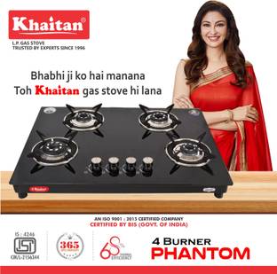 Khaitan 4 Burner Phantom Black Toughened Glass Automatic Hob