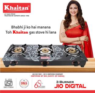 Khaitan byKhaitan 3 Burner BP Jio Digital MS Touhened ISI Marked Glass Manual Gas Stove