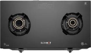 BLOWHOT Emerald Heavy Tornado Brass 2 Burner Toughened Glass Top, 2 Year Warranty Glass, Iron Automatic Gas Stove