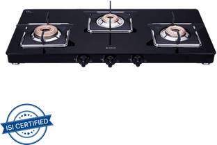 Elica Slimmest 3 Burner Gas Stove with Square Grid and Brass Burner (773 CT VETRO (Slim LINE SPF)) Glass Manual Gas Stove