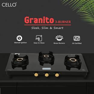 CELLO Granito 3 Burner Black Gas Cooktop, Dual Shade Toughened Glass, ISI Certified Glass Manual Gas Stove