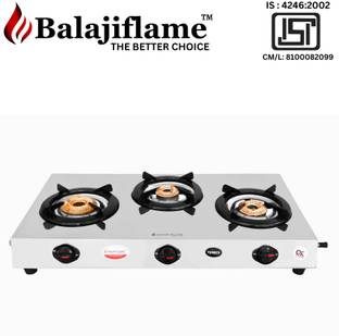 Balajiflame Heavy 3 Burners L.P.G Gas Stove With Brass Burners Stainless Steel Manual Gas Stove
