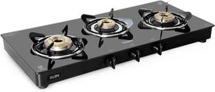 Glen Gas Stove 3 Burner Toughened Glass Top High Flame Brass Burners Gas Stove Black Glass Manual Gas Stove