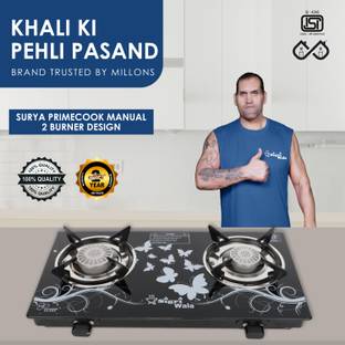Sigri-wala Sleek Blkd 2B Toughened Glass Tornado Burner Glass manual gas stove(2 Burner) Glass Manual Gas Stove