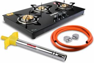 SURYAVIVA Hobtop 3B(Lighter+Hose pipe)Toughened Glass Gas Stove(Manual,Black) Glass Manual Hob