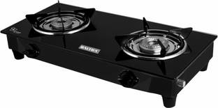Baltra Glimmer Glass Top Gas Stove 2 Brass Burner Manual Ignition, Black Glass Manual Gas Stove