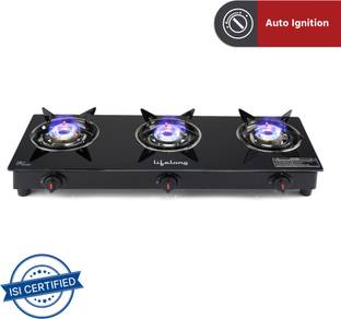 Lifelong LLGS303 Automatic Ignition 3 Burner For LPG Use Only (Doorstep Service, Black) Glass Automatic Gas Stove