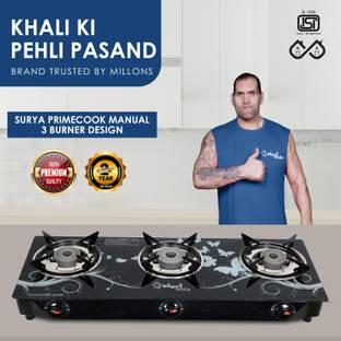 Sigri-wala Cute DLX 3B Toughened Glass Tornado Burner(Bk) Glass Stove Glass Manual Gas Stove