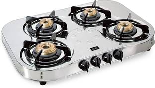 Glen 4 Burner Stainless Steel Gas Stove Extra Wide 1 High Flame 3 Brass Burner Stainless Steel Manual Gas Stove