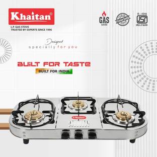 Khaitan 3 Burner Draw Double Decker (with party cooking burner) Stainless Steel Manual Gas Stove