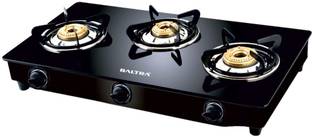 Baltra Glimmer Glass Top Gas Stove 3 Brass Burner Manual Ignition, Black Glass Manual Gas Stove