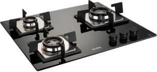 Glen Hob Top ELITE 3 Brass Burners | Auto Ignition | 8 MM Thick Toughened Glass Hob Glass Automatic Hob