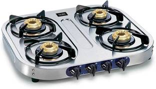 Glen LPG Stainless Steel Gas Stoves 4 Burner | Brass Burners | 360° Nozzle Stainless Steel Manual Gas Stove