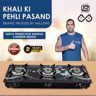 Sigri-wala Surya Primecook Manual Cute Design Toughened Glass Gas Stove Stainless Steel Manual Gas Stove