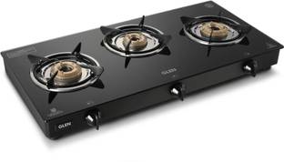 Glen 3 Burner PNG Gas Stove with Brass Burner Black | ISI Certified (1030GTBBBLPN) Glass Manual Gas Stove