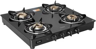 Glen 4 Burner Glass PNG Gas Stove with Brass Burner, Black (1043GTBBBLPNAI) Glass Automatic Gas Stove