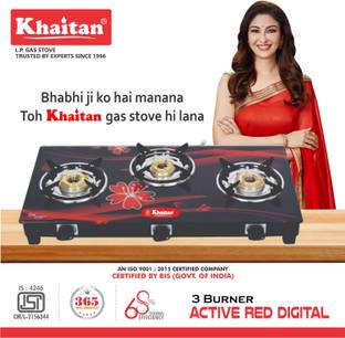 Khaitan 3 Burner Active Red Digital with Brass Burner Digital Toughened Glass LPG Glass Manual Gas Stove