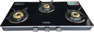 Hindware Emineo 3B | Brass Burners | Aluminium Beading | Metal Knobs | 7mm Toughened Glass Manual Gas Stove