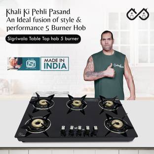 Sigri-wala Surya Primecook 5 Burner Hobtop Black Glass Manual Hob