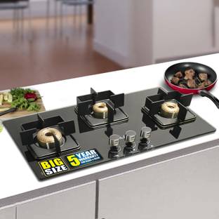 iBELL FLAME03DSB Gas Hob, 3 Burner with Toughened Glass Top, MS body, Auto Ignition, Glass, Stainless Steel Automatic Hob