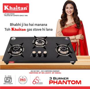 Khaitan 3 Burner Phantom Black Toughened Glass Automatic Hob
