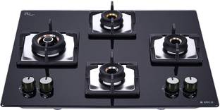 Elica Hob 4 Burner Gas Stove-3 Mini Triple Ring &1 Double Ring Brass Flexi AB HCT 460 Glass Automatic Hob