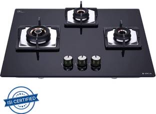Elica Hob 3 Burner Gas Stove-2 Mini Triple Ring &1 Double Ring Brass Flexi AB HCT 360 Glass Automatic Hob