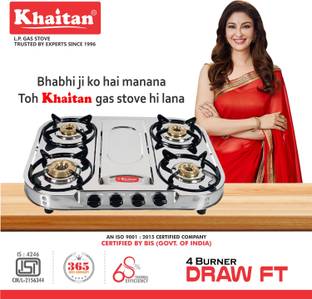 Khaitan 4 Burner Draw "FT" (with party cooking burner) Stainless Steel Manual Gas Stove