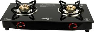 MILTON Nano 2 Burner MS Frame Glass Top Gas Stove with Brass Burners Glass Manual Gas Stove